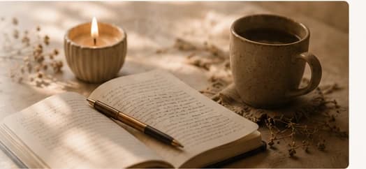 An open journal beside tea and a candle in warm morning light