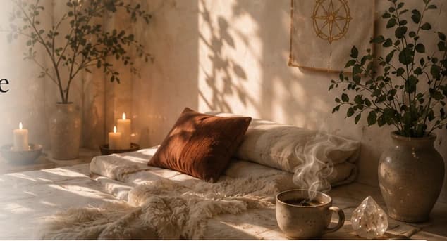 A warm peaceful room prepared with cushions, candles, tea, and natural textures