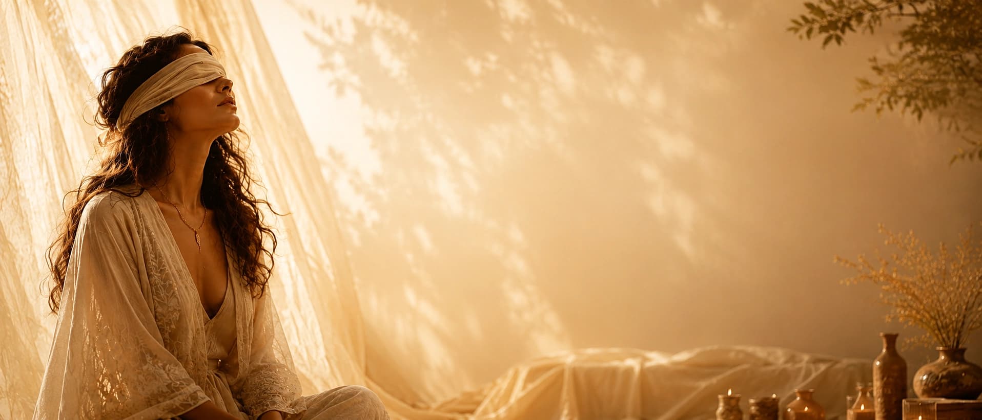 A blindfolded woman seated on the left in warm sunlight, evoking presence, trust, and embodied discovery
