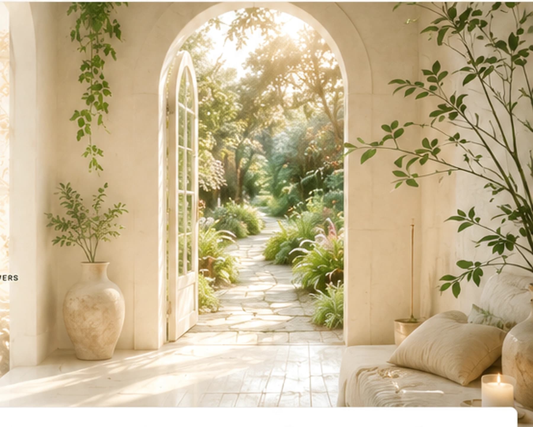 A photorealistic sunlit botanical interior with a ceramic vessel and natural shadows
