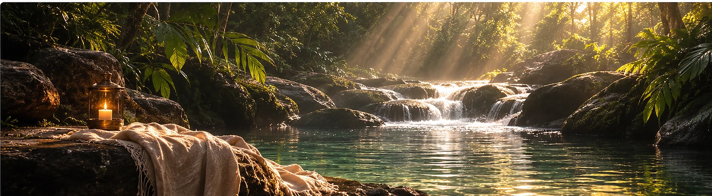 A peaceful sunlit forest stream expressing softness, renewal, and nervous system restoration
