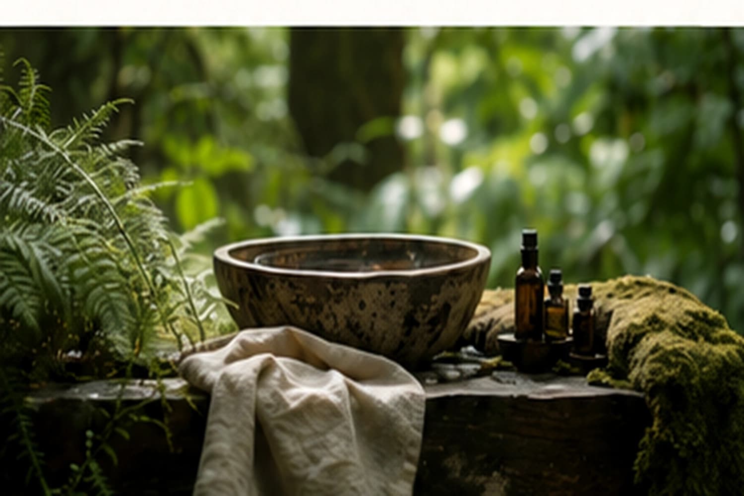 A quiet restoration setting with a ceramic bowl, oils, linen and moss