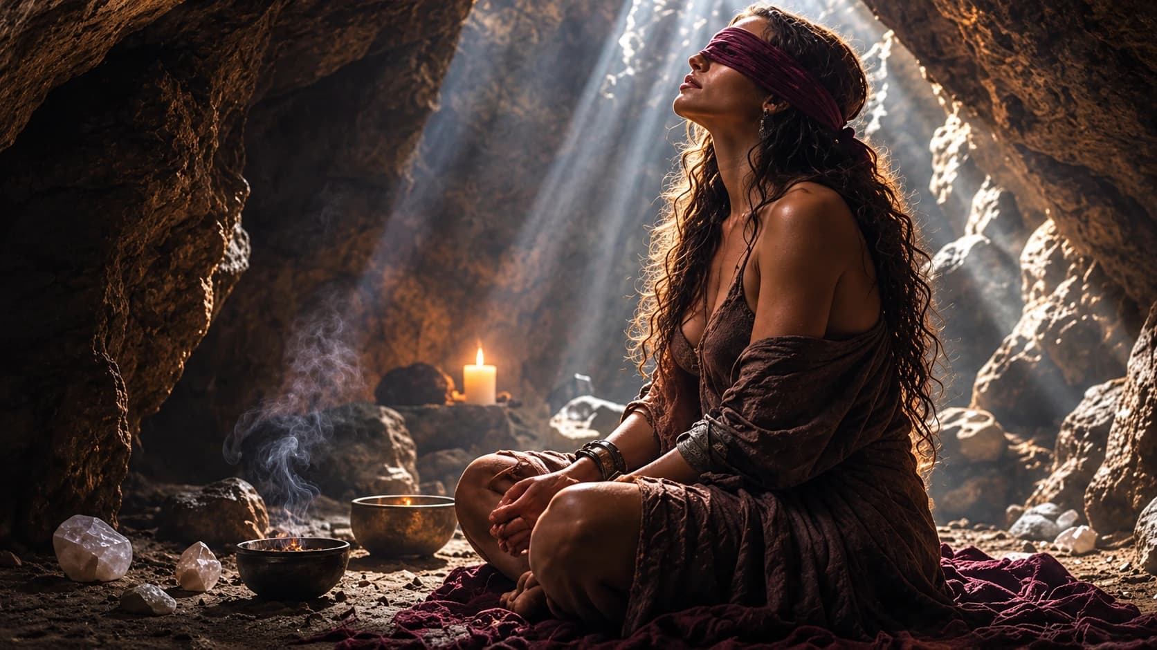 Blindfolded woman seated in a charcoal-toned cave with soft candlelight