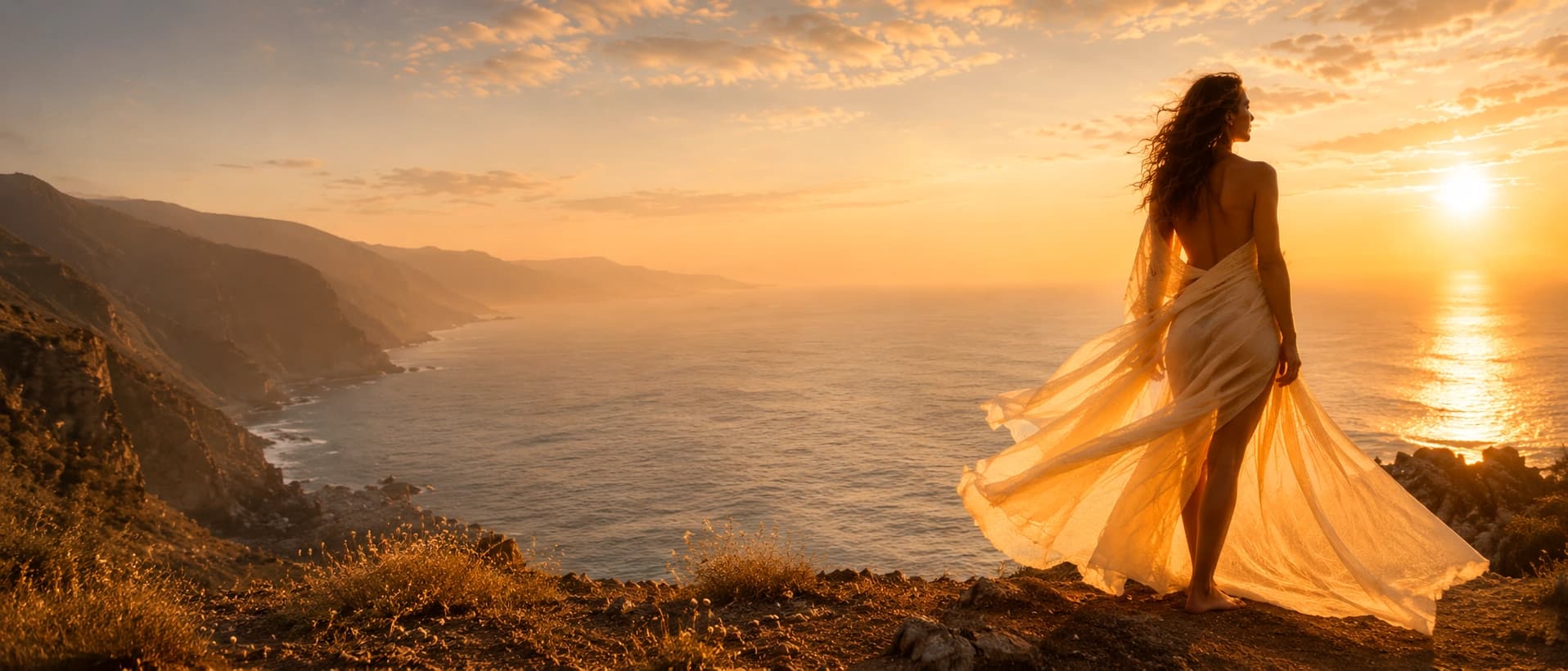 A woman in a flowing sarong standing on a coastal hilltop overlooking the ocean at golden hour