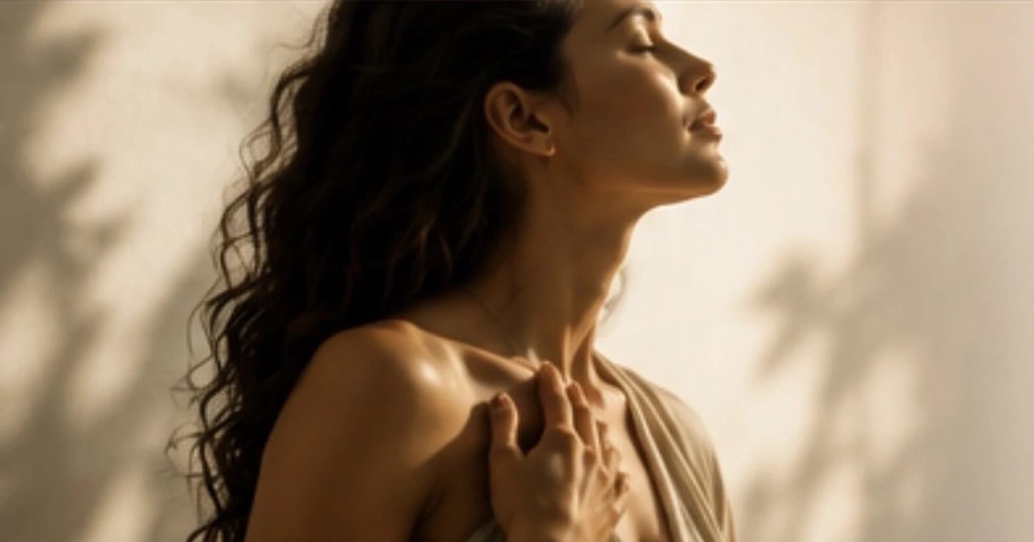 A woman breathing deeply and returning attention to her body