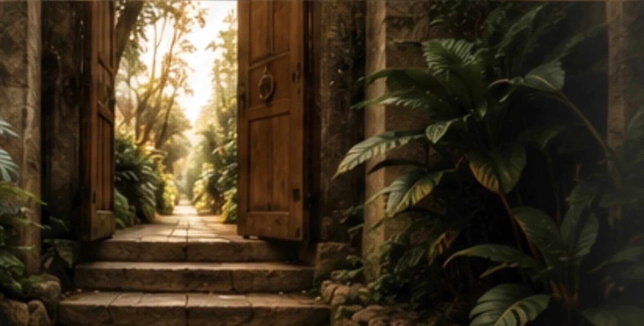 An open carved doorway leading toward a lush garden path