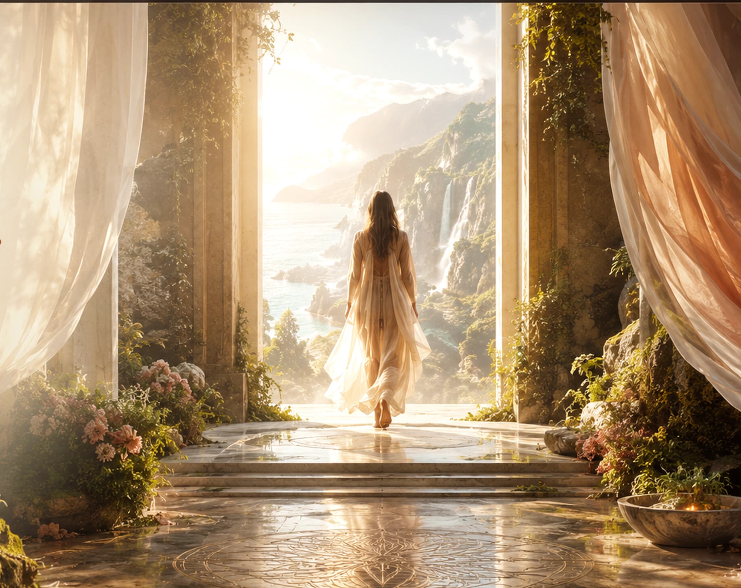 A feminine figure walking through a flowered stone arch into golden garden light